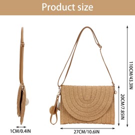 BAIYSFFG Straw Clutch Handbag Purse Straw Crossbody Bag with Pom Pom Keychain and Zipper Closure Summer Beach Bags for Women Straw Woven Envelope Bag Party Totes for Evening Party