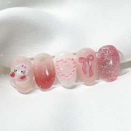 [Handmade Nail Tips] Hello Strawberry Nail Tips - Long Oval / [수제네일팁] 헬로스트로베리 네일팁 - 롱오벌