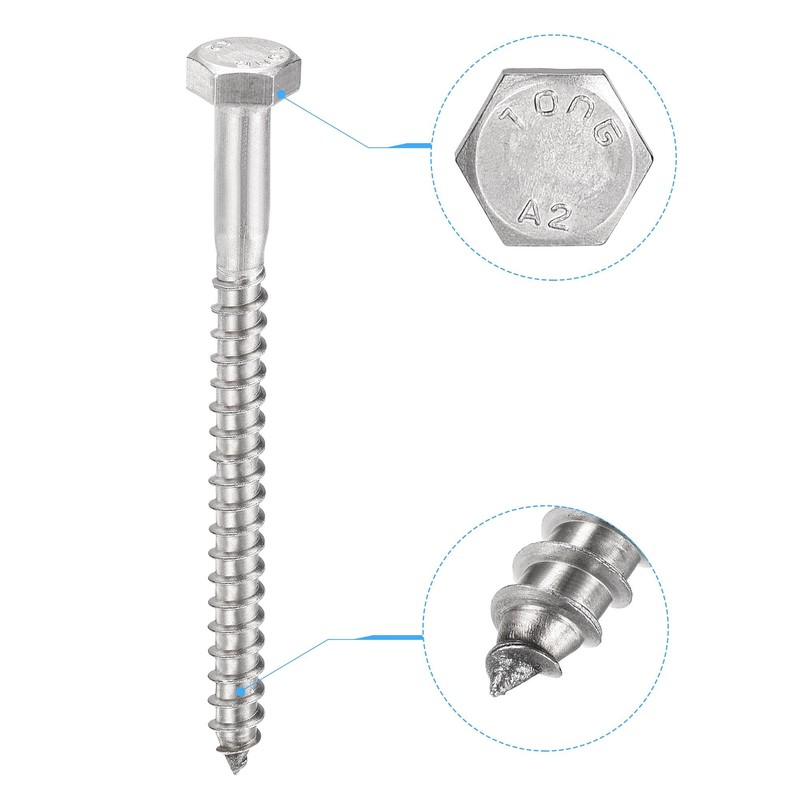 sourcing map Hex Lag Screws, M6 x 80mm 304 Stainless