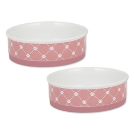 Bone Dry Trellis Paw Print Pet Bowl Set Microwave & Dishwasher Safe, Non-Slip Silicone Bottom for Less Mess, Large 7.5x2.4, Rose, 2 Count