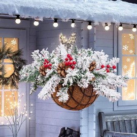 Nervure 22inch Artificial Christmas Hanging Basket - Snow Flocked Christmas Hanging Basket - Christmas Hanging Basket with Battery Powered and Pine Cones Berries for Christmas Outdoor Decor
