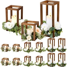 Yaomiao 12 Pcs Wooden Wedding Lantern Centerpiece Rustic Wooden Candle Holders Decorative Lantern Candle Holder Farmhouse Lantern for Table Fireplace Wedding Party Baby Shower Room Decor Gift