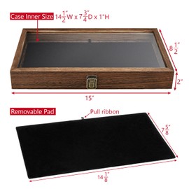 MOOCA Wooden Jewelry Display Case with Tempered Glass Lid and Removable Black Luxurious MDF Velvet Jewelry Display Pad, Pocket Knife Eyewear Case, Brown Color
