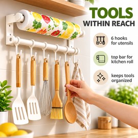 30cm Wall Mounted Kitchen Organizer Rack, Stainless Steel Utensil Holder with Dishcloth Bar and Hooks, Space Saving Storage Shelf, White
