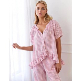 COZYPOIN Womens Gingham Pajama Set 2 Piece Plaid Cotton Pjs Cute Ruffle Sleepwear Maternity Bridesmaid Pajamas Loungewear(Pink-M)
