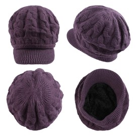 Twist Women Visor Hat Warm Fleece Lined Beret Hats Winter Knit Hats for Women (Deep Purple)