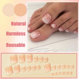 24Pcs French Press on Toenails, Short Square False Toenails, Glossy Rainbow Edge Gel Fake Toe Nails with Design, Acrylic Spring Summer Beach Stick on Toenails for Women and Girls