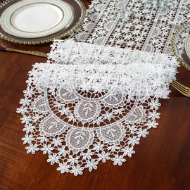 auons White Crochet Lace Table Runner Dresser Scarf Oval Boho Table Doilies Chic Rustic Table Placemats for Home Banquet Wedding Coffee Buffet Table Decor, 12 x 18 Inch