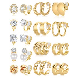 13 Pairs Clip on Earrings for Women Chunky Non Pierced Hoop Earrings CZ Pearl Knot Croissant Tube Twist Stud Hoop Clip on Earring Set Fake Earrings Clips Jewelry 14K Gold Silver Plated