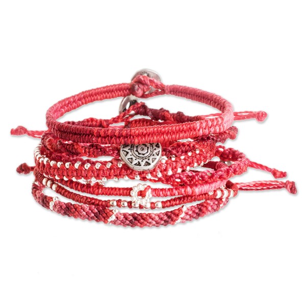 NOVICA Artisan Handmade Glass Beaded Macrame Bracelets in Red Set
