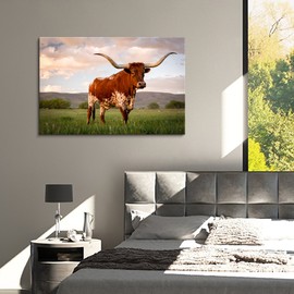 Visual Art Decor Texas Decor Longhorn Cow Pictures Wall Decor Country Farmhouse Landscape Picture Living Room Bedroom Office Kitchen Wall Decor Framed Canvas Artwork 24inx32in