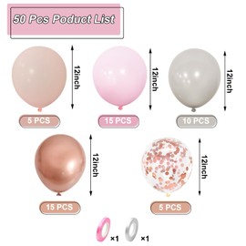 Eitolo 50PCS Pastel Pink Rose Gold Balloons Pink and Grey Balloons with Confetti Balloons for Wedding Birthday Bridal Shower Baby Shower Anniversary Bachelorette Party Decorations