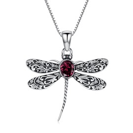 QKABTI Vintage Dragonfly Pendant Necklace for Women 925 Sterling Silver Oval Shaped Ruby Cute Dragonfly Necklaces Birthstone Jewelry Birthday Gifts for Her