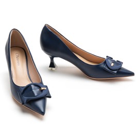 C.Paravano Women's Pumps | Kitten Heels Low Heels | Navy Leather Heel Pumps | Party Heels for Women(C-Navy,Size 9.5)