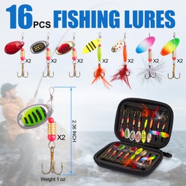 16pcs Fishing Lures Swimming or Jigging Spinner Blade Bait with Treble Hooks Bag Metal Fishing Lures Kit for Freshwater Saltwater, Rooster Tail Fishing Lures for Bass Walleye Trout