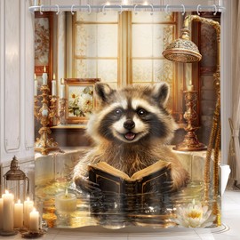 Riyidecor Funny Raccoon in Bathtub Shower Curtain Cute Fun Animal Kids Modern Vintage Luxury Flower Reading Book 60Wx72H Inch Lovely Hilarious Fabric Decor Bathroom Polyester Waterproof 12 Pack Hooks