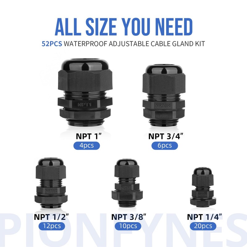 PIONFYNES 52PCS Cable Gland 3-25mm Waterproof Adjustable 1/4'', 3/8'', 1/2'',