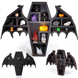Qmetalart Coffin Shelf with Bat Wings, Wooden Gothic Decor for Display or Storage Rocks Mini Figures, Wall Hanging & Tabletop Crystal Display Shelf Gothic Home Decor