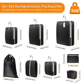 AMATHINGS Compression Bags Set of 8 in Black with up to 60% Space Saving, Waterproof Packing Cubes Packing Cubes Suitcase Organiser Clothes Bags for Travel Suitcase Backpack