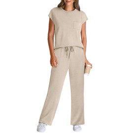 WIHOLL Country Concert Outfits for Women 2 Piece Sets Crew Neck Summer Lounge Set Womens Loungewear Beach Vacation Clothes Cruise Outfits Comfy Sets Resort Wear for Women 2025 Clothing Beige S