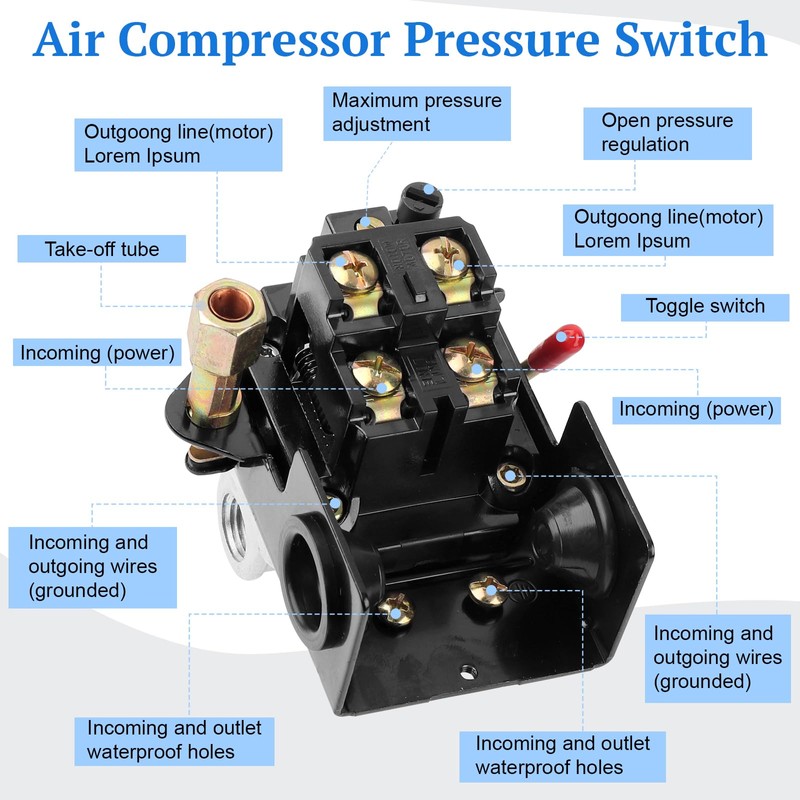 LF10-4H Air Compressor Pressure Switch 95-125 PSI, 20A 4 Port