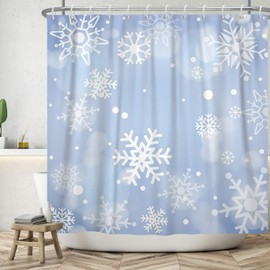 Winter Christmas Shower Curtain for Bathroom, Snowflake Bathroom Curtain, White Snow on Light Blue Bathroom Decor, Polyester Fabric Waterproof with Hooks 72x72 Inch