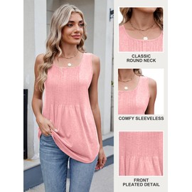 Famulily Women's Summer Vest Tops Front Pleated Crew Neck Sleeveless Shirts Loose Tank Tops for Ladies (L, Pink)