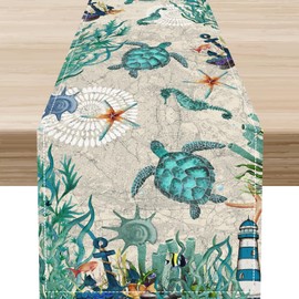 Sea Turtle Table Runner, Summer Coastal Starfish Seahorse Seashells Coastal Nautical Tropical Ocean Rustic Farmhouse Table Center Decor for Home Kitchen Dining Patio Indoor Outdoor, 13"x108" Inch