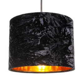Modern and On-Trend Vivid Black Crushed Velvet Fabric 8" Table or Pendant Circular Drum Lampshade with Shiny Copper Inner - 40watt Maximum | Perfect for Residential or Commercial by Happy Homewares