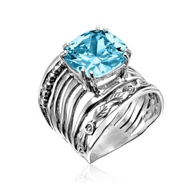 JEAN RACHEL JEWELRY 925 Sterling Silver Ring with 12mm Cushion Shaped Cubic Zirconia Vintage Design - Hypoallergenic, Lead & Nickel Free - Artisan Handcrafted Statement Rings for Women, Aquamarine