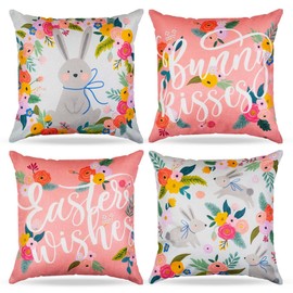 Prims & Flourish Easter Pillow Covers 18x18 Set of 4, Throw Pillow Covers, 4-Pack, 4 Designs, Floral Bunny Bliss, Pink
