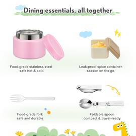 LAUJIA Lunch Box Kids with 5 Compartments, Insulated Food Jar & Utensils, Leak Proof Bento Box with Sauce Container, BPA-Free & Dishwasher Safe, Dinosaur Design-Rose Pink