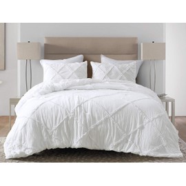 Chezmoi Collection Vivian 3-Piece Diamond Ruffle Quilted Trim Soft Washed Microfiber Comforter Set (Full, White)