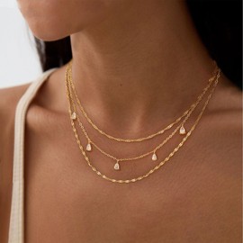Fwlisesa Dainty Gold Necklace for Women, 14k Gold Plated Layered Necklaces Simple Cubic Zirconia Choker Necklaces for Women Trendy Formal Prom Necklace Fashion Gold Jewelry Sets for Women
