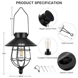 pearlstar 2 Pack Solar Lantern Outdoor Hanging Light Waterproof Metal Solar Lamp for Yard Garden Pathway Patio Porch Decor(Black)