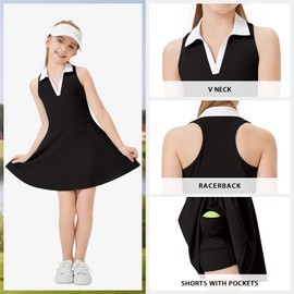 Soneven Girls Summer Tennis Dress Sleeveless Racerback Golf Dress School Sports Dresses Outfit with Shorts Pockets B-Black