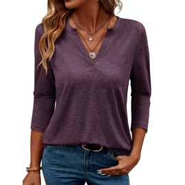 TICTICMIMI Women's V Neck 3/4 Sleeve T Shirts Casual Basic Summer Tees Shirts Loose Fit Tunic Tops Purple