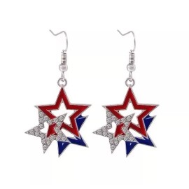 American Star USA AMERICAN FLAG STAR EARRINGS SILVER PATRIOTIC RHINESTONES  HOOK DANGLE 1.5"