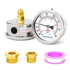 MEANLIN MEASURE -30inHg~60PSI Glycerin Filled Vacuum Pressure Gauge, Stainless Steel 1/4" BSP 2.5" FACE DIAL Back Mount, with 1/4" x 1/2" BSP and 1/4" x 3/8" BSP Hex Bushing