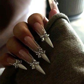 Long Stiletto Press on Nails White French Tip Fake Nails with 3D Bow Pearl Designs 24 Pcs Natural Reusable Glossy Acrylic Nail Full Cover Stick on Nail for Women Wedding No Glue WYFHDT