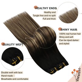 Ugeat 18 inch Clip in Hair Extensions Balayage Off Black to Dark Brown with Caramel Blonde Clip in Hair Extensions Real Human Hair 120Grams 7pcs #1B/4/27