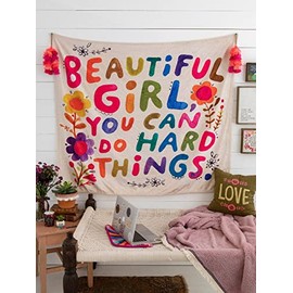 AEARGIV Colorful Beautiful Girl You Can Do Hard Things Flower Tapestry Funny Letter Printed Tapestry Wall Hanging Inspirational Dorm Decor for Living Room Bedroom(47.24 L* 39.37 W, White)