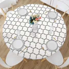 Rakila Round Vinyl Elastic Waterproof Tablecloth Fitted Flannel Backed Table Cover Fits 45" - 56" Round Table for Camping, Dining, Outdoor, White Morocco