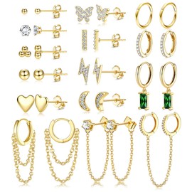 Kakonia 29Pcs 14K Gold Plated Studs Earrings and Hoops Set for Women Huggie Hoop Studs Earrings Set Dainty Minimalist Moon Heart Butterfly CZ Ball Small Dangle Chain Hoop Earrings Set for Multiple Piercing