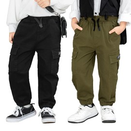 MINI PANDA Toddler Boy Pants, Little Boys 2-Pack Pull On Pants (Black+Green, 4T)