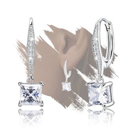 Square Dangle Hoop Earrings for Women - Sterling Silver Cubic Zirconia Hoop Charm Earrings Hypoallergenic Nickel Free Sparkle CZ Loop Dangling Earring Fashion Jewelry Gifts