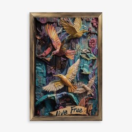 Rustic Long Wooden Framed Art " Colorful Birds Wood Carving Relief Sculpture " Farmhouse Style Wall Decor Sign for Tabletop Or Hanging - Durable Handcrafted Wood Print - Home & Office Decoration
