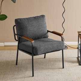 Karl home Accent Chair Modern Armchair with Metal Frame Linen Fabric Upholstory Living Room Chair Mid-Century Reading Chair with Wooden Arms for Living Room, Bedroom, Reading Room, Apartment, Gray