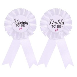 CoolerthingsDG, Daddy to be & Mommy to be Tinplate Badge Pin - Baby Shower Button New Dad Gifts Gender Reveals Party Baby Girl White Rosette Button Baby Celebration (White, pink footprint)