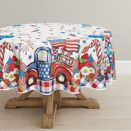 Horaldaily 4th of July Tablecloth 70x70 Inch Round, Patriotic Truck Watercolor Flag Independence Day Memorial Day Table Cover for Party Picnic Dinner Decor